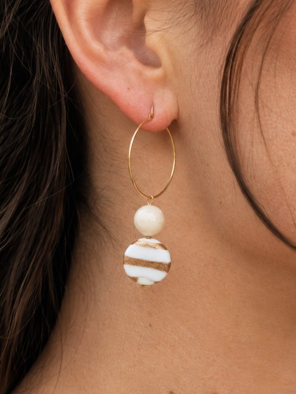 Beaded Gold Hoop Dangle Earrings – White Chalcedony & White-Gold Glass